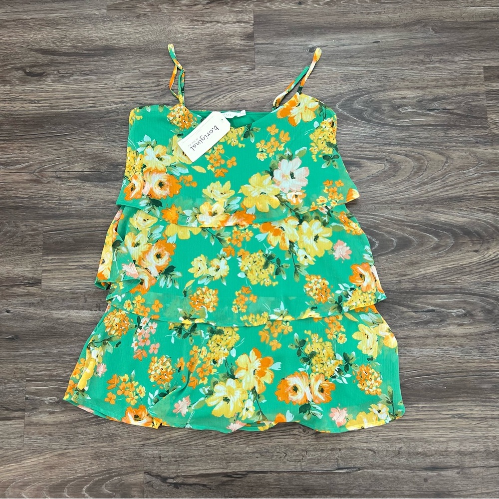 Lush Green Orange Tiered Mini Dress Medium- New‎ With Tags